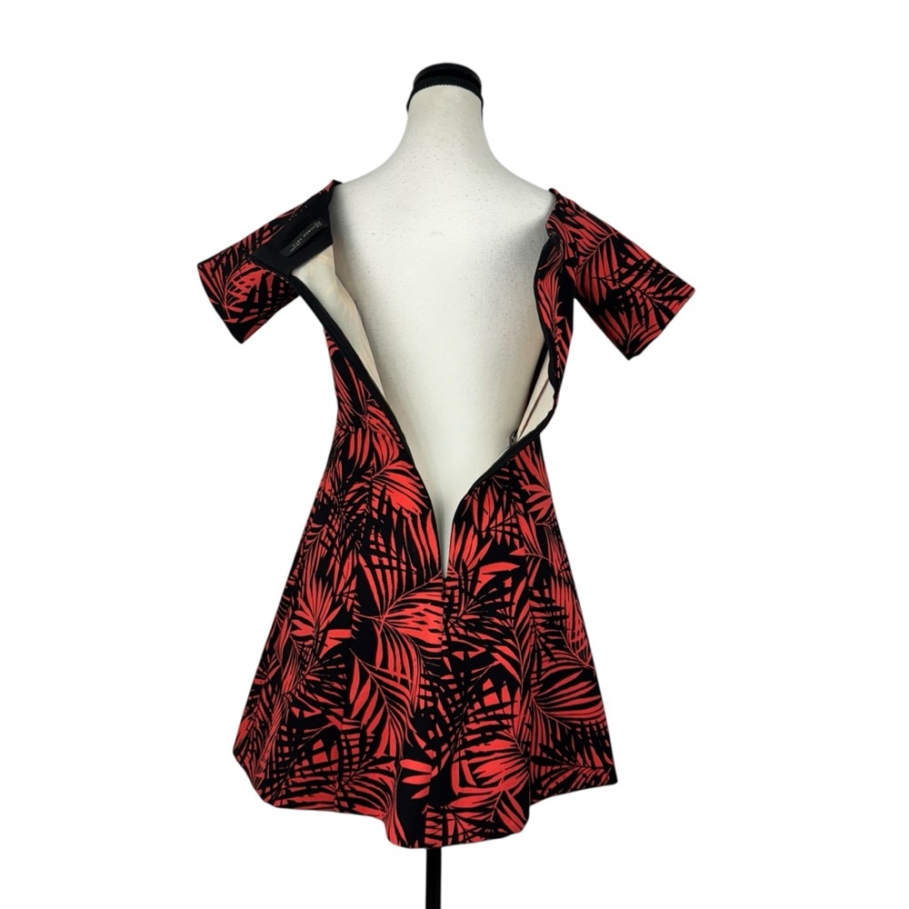Zara Tropical Palm Print Off Shoulder Fit & Flare Mini Dress Red Black Size S - Picture 6 of 11
